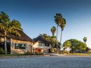 une maison dans une rue bordée de palmiers dans l'établissement La Rochelle Lodge Namibia Tsumeb, à Tsumeb