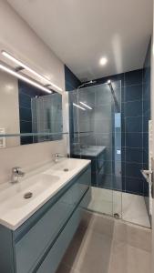 a bathroom with a sink and a glass shower at Location vacances T3 à Cannes in Cannes