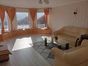 a living room with a couch and a table at Casa Popa in Gura Humorului