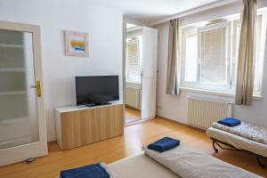 een woonkamer met een flatscreen-tv en een bank bij Vienna Living Apartments - Mühlfeldgasse in Wenen