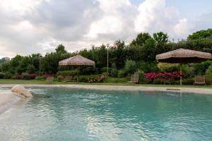 a swimming pool with chairs and umbrellas in a yard at Magione Papale Relais in LʼAquila