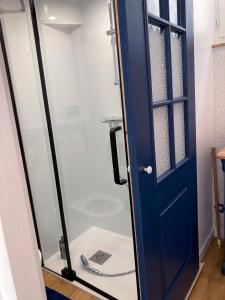 a shower with a blue door in a bathroom at Studio Tehani in Quiberon