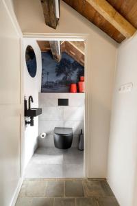 een badkamer met een zwart toilet in een kamer bij Het Kostershuisje in Nuenen