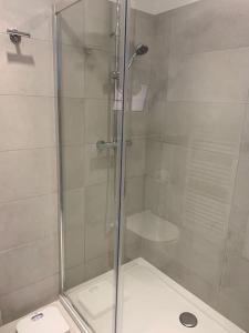 een douche met een glazen deur naast een toilet bij Villa Capodanna, au coeur de la vieille ville, maison de village avec magnifique vue sur la mer in Menton