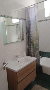 a bathroom with a sink and a toilet and a mirror at Apartman Rino in Bašanija