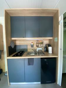 a small kitchen with blue cabinets and a sink at Metkina Hiška -samooskrbna in Topovlje +12 photos