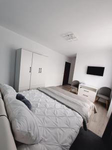 a bedroom with a bed and a desk and a tv at Five House in Sibiu