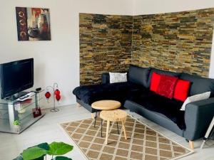 salon z czarną kanapą i czerwonymi poduszkami w obiekcie Charmant F3 climatisé avec balcon ensoleillé, proche centre et Thermes - Amélie-les-Bains - FR-1-703-80 w mieście Amélie-les-Bains-Palalda