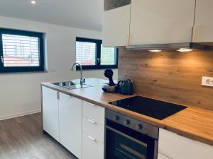 a kitchen with white cabinets and a black sink at Villa Kovačeva 15, app 2, free parking in Ljubljana