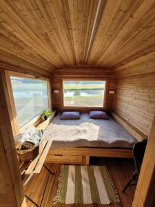 a bed in a tiny house with two windows at Brīvdienu namiņi Kalnozoli in Indrāni