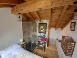 a bedroom with a shower and a bed in a room at Casita con encanto tranquilidad VILLAVIEJA DEL LOZOYA Wi-Fi EN SIERRA DE MADRID Y A 50 MINUTOS DE CAPITAL in Villavieja del Lozoya +26 photos