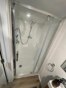 La salle de bains est pourvue d'une douche avec une porte en verre. dans l'établissement Tiny home in the hills, 