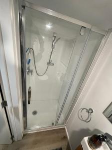 a shower with a glass door in a bathroom at Tiny home in the hills 