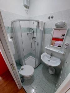La salle de bains est pourvue d'une douche, de toilettes et d'un lavabo. dans l'établissement Hotel Zani, à Cervia