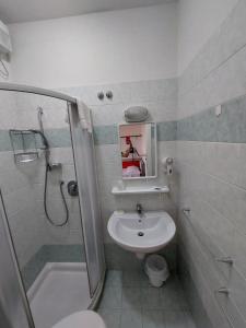 La salle de bains est pourvue de toilettes, d'un lavabo et d'une douche. dans l'établissement Hotel Zani, à Cervia