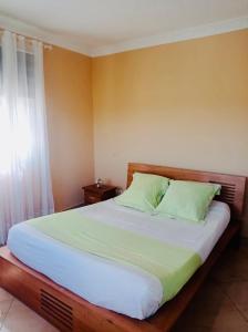 ein Schlafzimmer mit einem großen Bett mit grünen Kissen in der Unterkunft B&B/chambres d'hôtes in Antananarivo