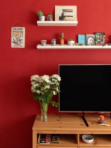 コルマーノにあるCosy flatの木製テーブルのテレビと花瓶