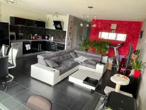 sala de estar con sofá y cocina en Appartement vue montagne en Saint-Jeoire-Prieuré