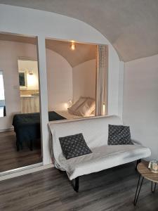 1 dormitorio con cama y espejo grande en la placette en Hérépian