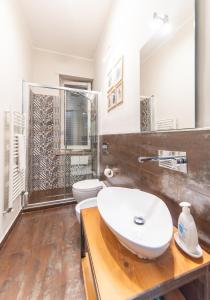La salle de bains est pourvue d'un lavabo, de toilettes et d'une douche. dans l'établissement Top Living Apartments - Casa Valentino, à Turin
