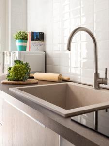 a kitchen counter with a sink and a bowl of grapes at Cosy flat in Cormano