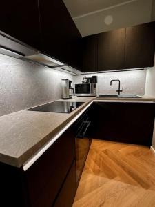 a kitchen with a sink and a counter top at Luxury City Center Suite in Helsinki