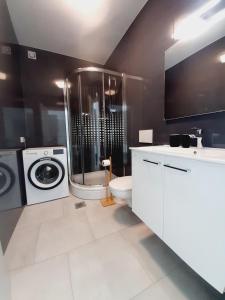 a bathroom with a shower toilet and a washing machine at Green Bee Apartment in Lesce