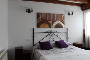 Noriega的住宿－Casa La Carrera - Casas de Los Picos，一间卧室配有一张带紫色枕头的大床