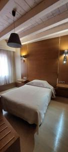 een slaapkamer met een groot bed en een houten muur bij Hotel Centro Los Braseros in Burgos