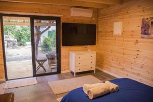 1 dormitorio con TV y 1 cama en una pared de madera en אחוזת אבירי הגליל, en She'ar Yashuv