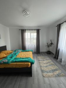 1 dormitorio con cama y alfombra en Casa Pietrele Doamnei en Câmpulung Moldovenesc