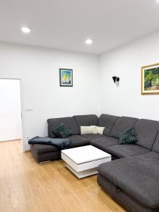- un salon avec un canapé et une table dans l'établissement Apartment VIČ, à Ljubljana