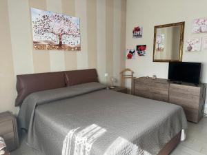 een slaapkamer met een bed, een spiegel en een televisie bij Casa Alessia in Lucca