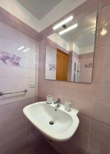 a bathroom with a white sink and a mirror at Trilocale 1 sul mare in Peschici