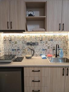 cocina con fregadero y pared de azulejos en M55 Home en Batumi