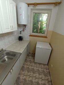 una pequeña cocina con fregadero y ventana en Lipowy Przylądek- Domek 16, 