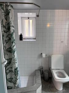 een badkamer met een toilet en een douchegordijn bij Cozy Duplex Príncipe Real in Lissabon