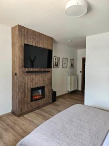1 dormitorio con chimenea y TV en la pared en Ferme La Joye en Houffalize