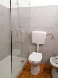 a bathroom with a toilet and a shower and a sink at Ema's Beach and Nightlife House in Lagos