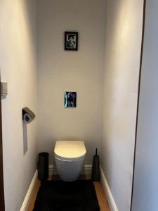 a bathroom with a toilet with two pictures on the wall at Appartement Parkzicht in Geel