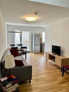 Birkfeld的住宿－Athecada Apartments，带沙发的客厅和厨房