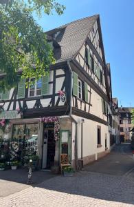 a black and white building with green shutters on a street at La Maison du Batelier in Colmar