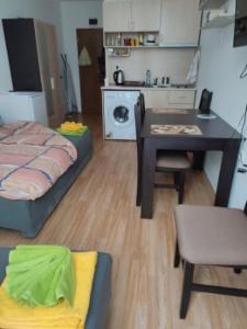 Zimmer mit einem Bett und einem Tisch sowie einer Küche in der Unterkunft Gerber 2 in Sonnenstrand