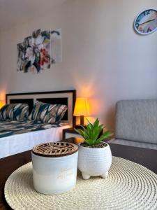 una habitación con una mesa con dos plantas. en Berlin Golden Beach Romance, en Golden Sands
