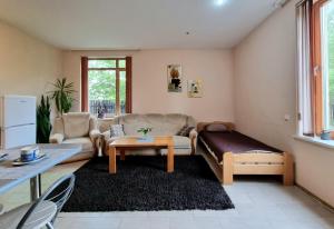 una sala de estar con un sofá y una mesa en Cozy Apartment Magnolia, en Ventspils 19 fotos más
