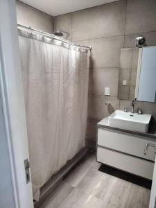 y baño con cortina de ducha y lavamanos. en Único Depto Próximo a la Barraca by Inside en Guaymallén
