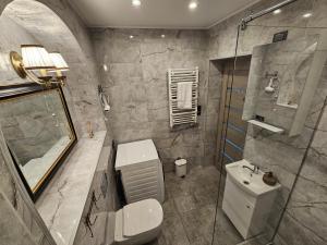 y baño con aseo, lavabo y ducha. en Park apartments, en Rokiškis