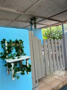 un mur bleu avec une table recouverte de plantes dans l'établissement La casetta di India, à San Domino
