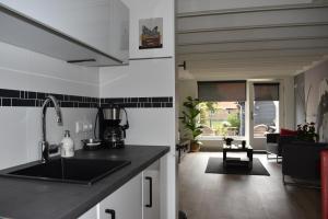 a kitchen with a sink and a living room at Het Tuffel Huuske ( Het Aardappelhuisje ) in Haaksbergen