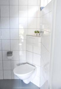 ein weißes WC in einem weiß gefliesten Bad in der Unterkunft Cosy forest hideout @ Veluwe in Putten